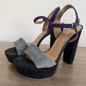 Nine West Womens 8.5M Grey Purple Leather Platform Ultra High Heel Shoes Sandals